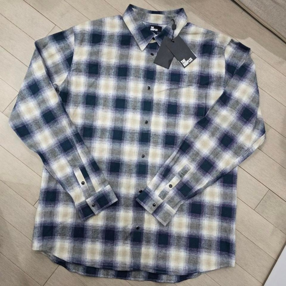 The Kooples Mens Blue Cream Plaid Cotton Linen Flannel Shirt XL HCCL27120K NEW